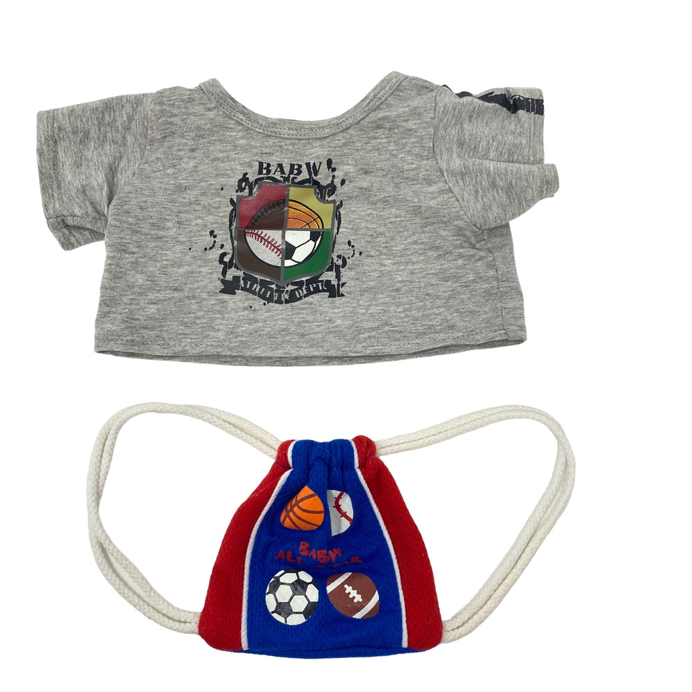 Build‎ A Bear Workshop Athletic All Star Gray Shirt Drawstring Backpack Outfit